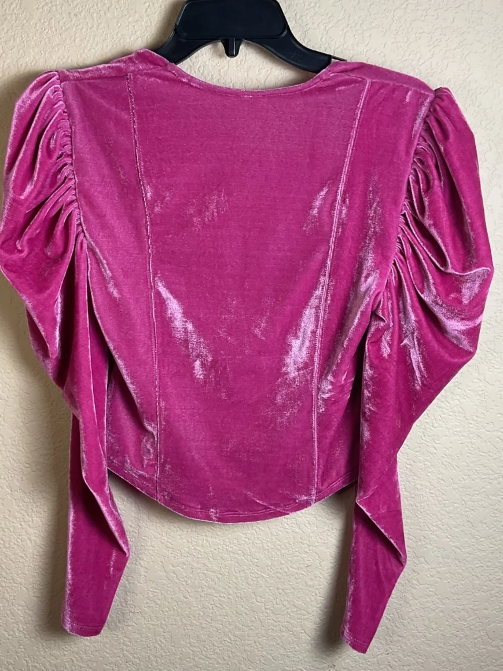 Free People Womens Small Pink Hold Me Velvet Crop Top Ruched Puff Sleeves‎